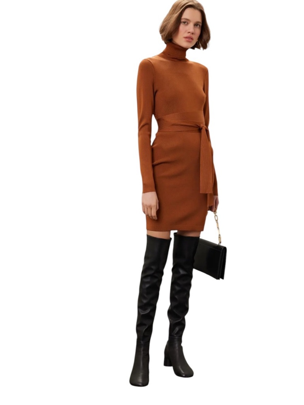 Toccin- Sofia Racer Mini Ribbed Turtleneck Belted Knit Dress in Rust Size M